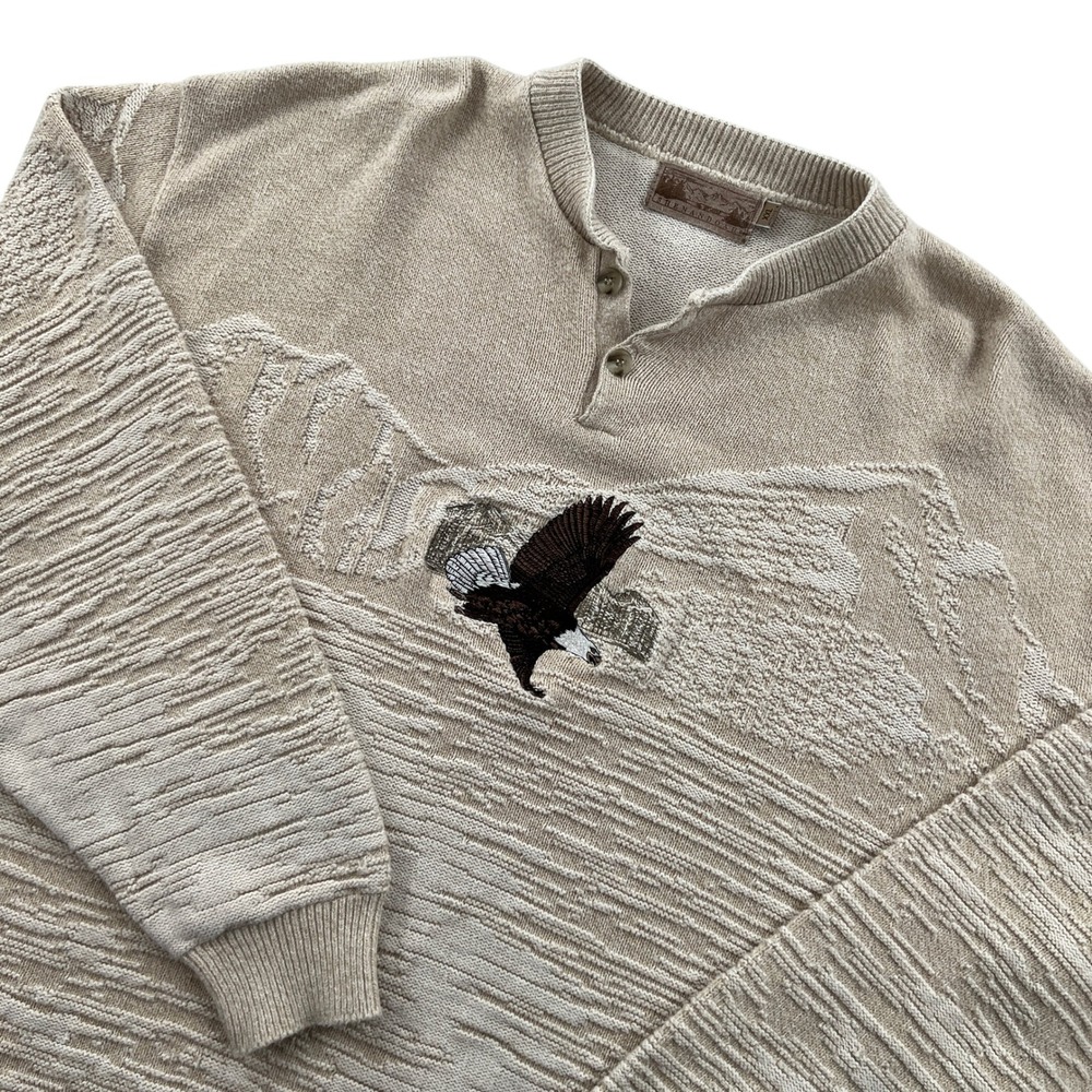 Vintage 90s Shenandoah Eagle Henley Sweater Men XXL Tan Mountain Knit USA Made